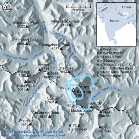 Everest Region mit Kern und Hülle in Mitte der Karte.