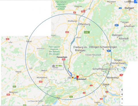 „Sicherheitsrayon von 80 Kilometern“ um den Standort des KKW Fessenheim.