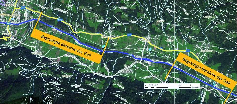 Gail in Karnten Verlauf  zwischen Kötschach-Mauthen und Hermagor