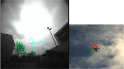 Drohnendetektion mit Weitwinkelkamera (links) und Tracking mit
dem Spotter...